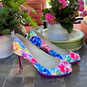 Shoes of Prey floral fabric peep toe platform with satin heel 7.5
